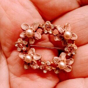 Vintage Oval, Gold Tone w/Pink Cherry Blossoms & White Pearls